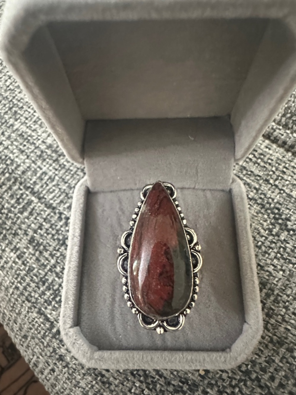 Teardrop Red and Black Brecciated JasperSterling Silver Ring Size 11